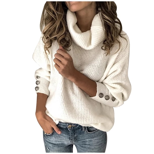 Gibobby Sueter Dama Button Pullover Sweater Long Women Turtleneck Text Tops Loose Manga Loose Sweater (Blanco, M)