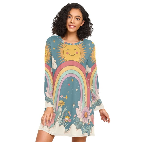 FORMRS Womens Long Sleeve Nightgowns Crew Neck Sleep Shirt Soft Pajamas Sizes S-3XL, Blue Rainbow
