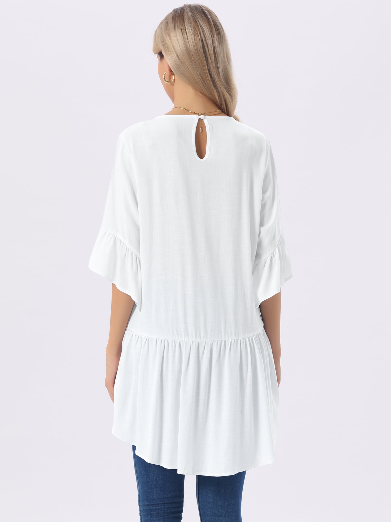 DARING DIVA Women's High Low Tops Bell Sleeve Crewneck Ruffle Blouse S White