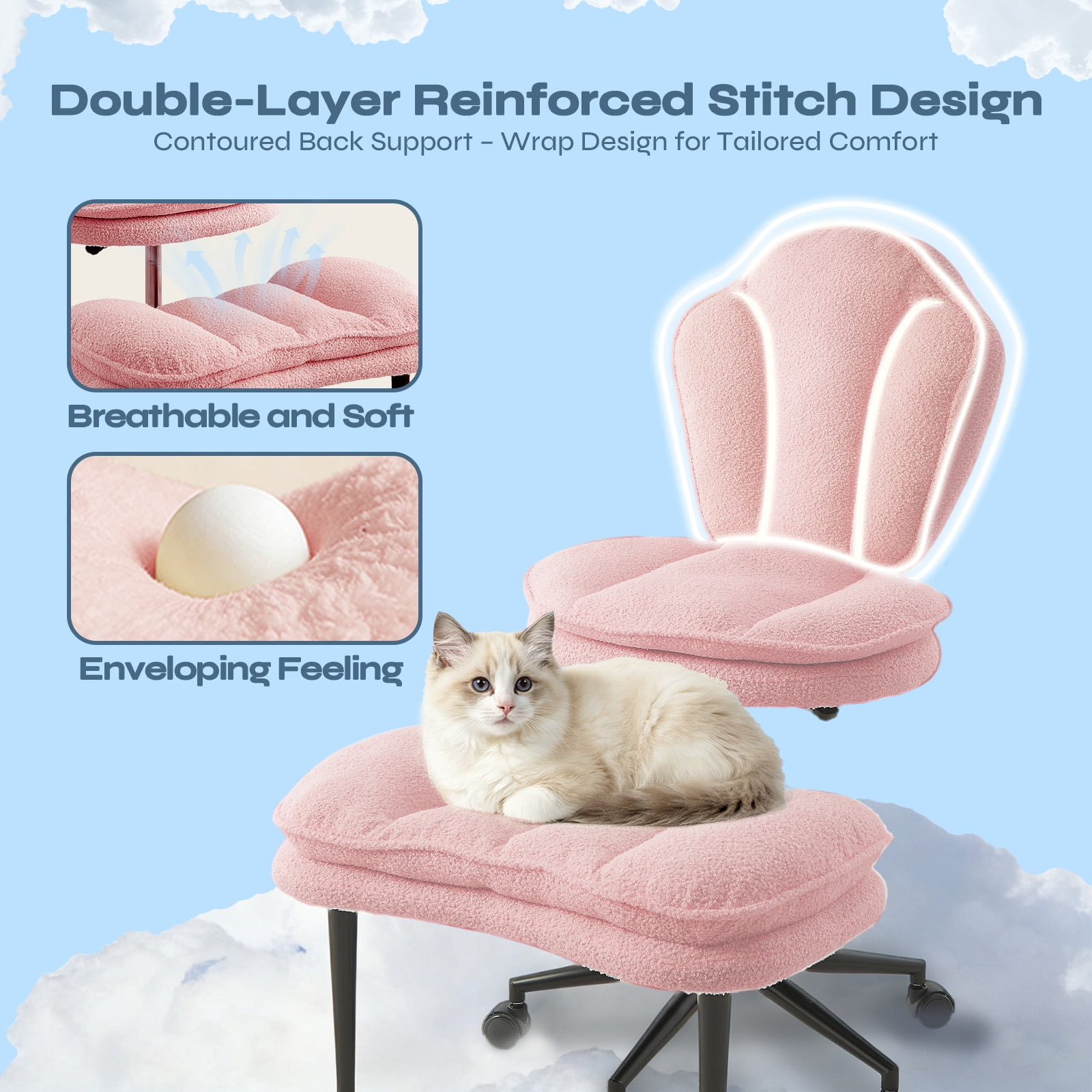 Pinmoco Cloud-Style Cross Legged Office Chair, Kneeling & Criss Cross Swivel Desk Chair with Full Lumbar Support, 360° Rotating Footrest, Ergonomic ADHD Meditation Yoga Chair for Home Office, Pink