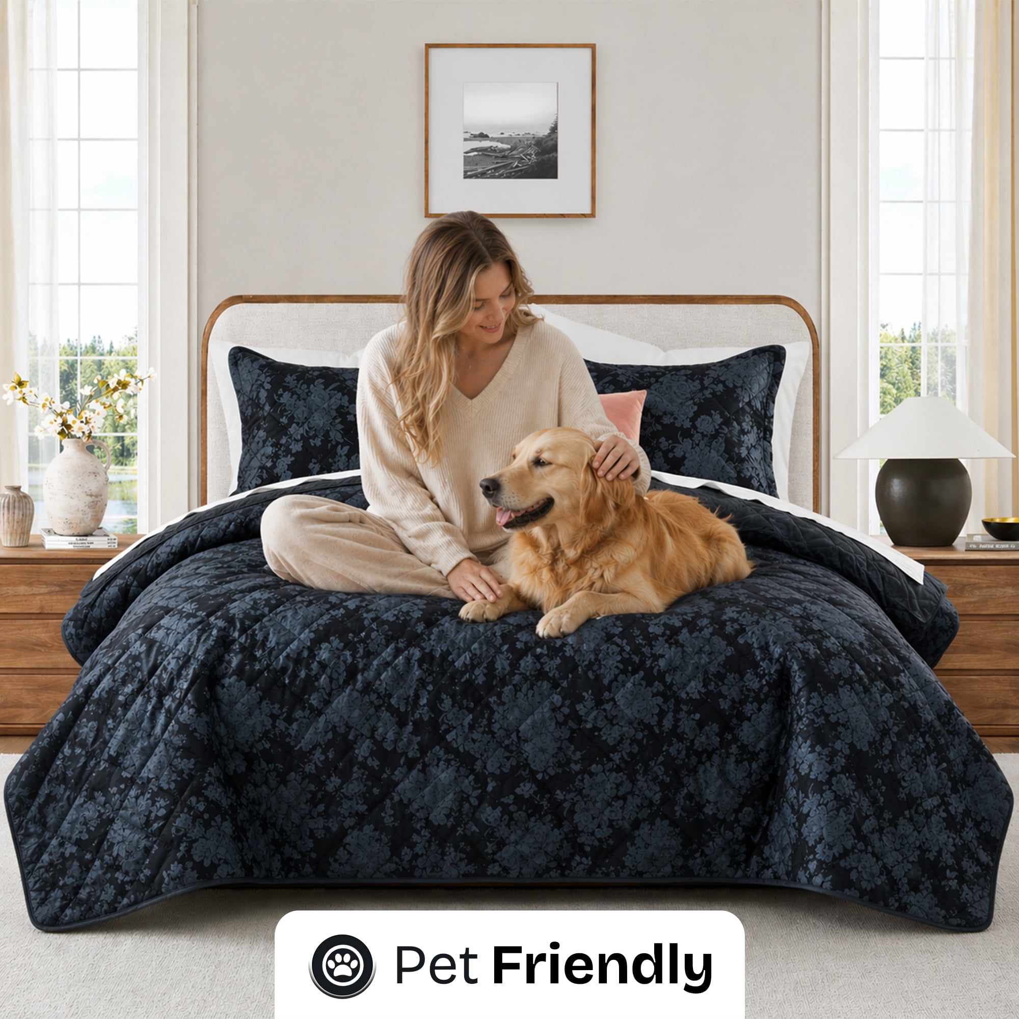 Ameha Luxury Velvet Quilt Floral Diamond Pattern 3-Piece Set Ultrasonic Embossed Bedding Set Ultra Soft Reversible Bedspread Queen Size Black