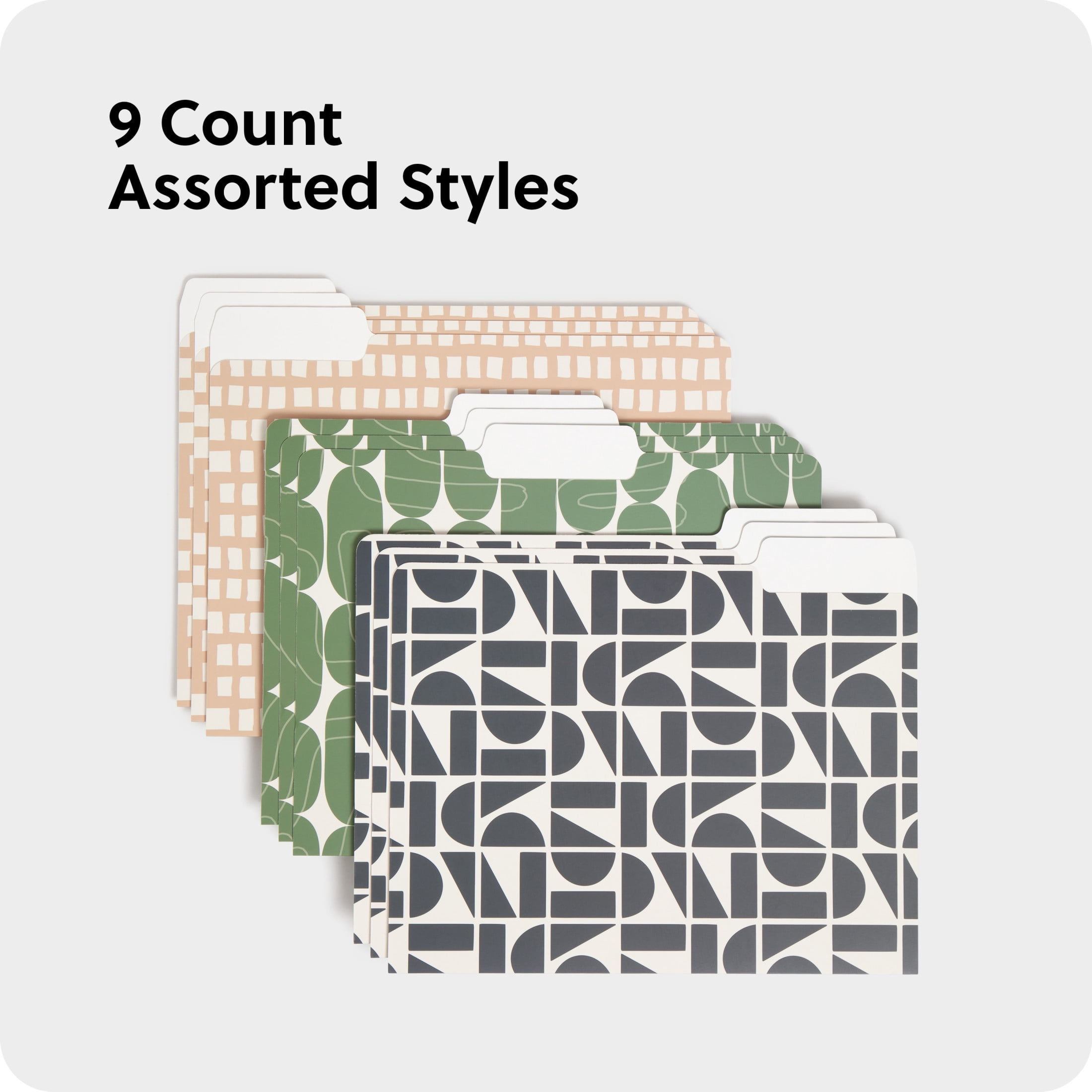 U Brands Fashion File Folders, Set of 9, Off Beat Geo, 1/3-Cut Tabs, Letter Size