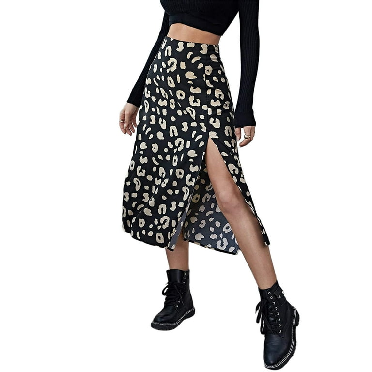 Gwiyeopda Women Leopard Print Skirt High Waist Split Side Summer Beach Midi Skirts