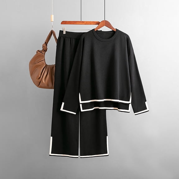 Lilgiuy Women's 2 Piece Outfits Solid Color Long Sleeve Knit Sweater Pullover Top Wide Leg Pants Casual Leisure Sets Travel Tracksuits Gift for Your Girlfriend Wife Mom