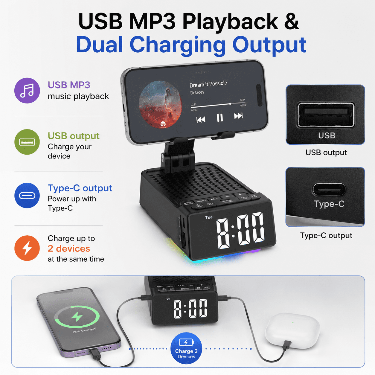JDMEOPD Cell Phone Stand with Bluetooth Speaker and Alarm Clock, 7-in-1 Phone Holder with LED Clock, RGB Light, USB-C Charging