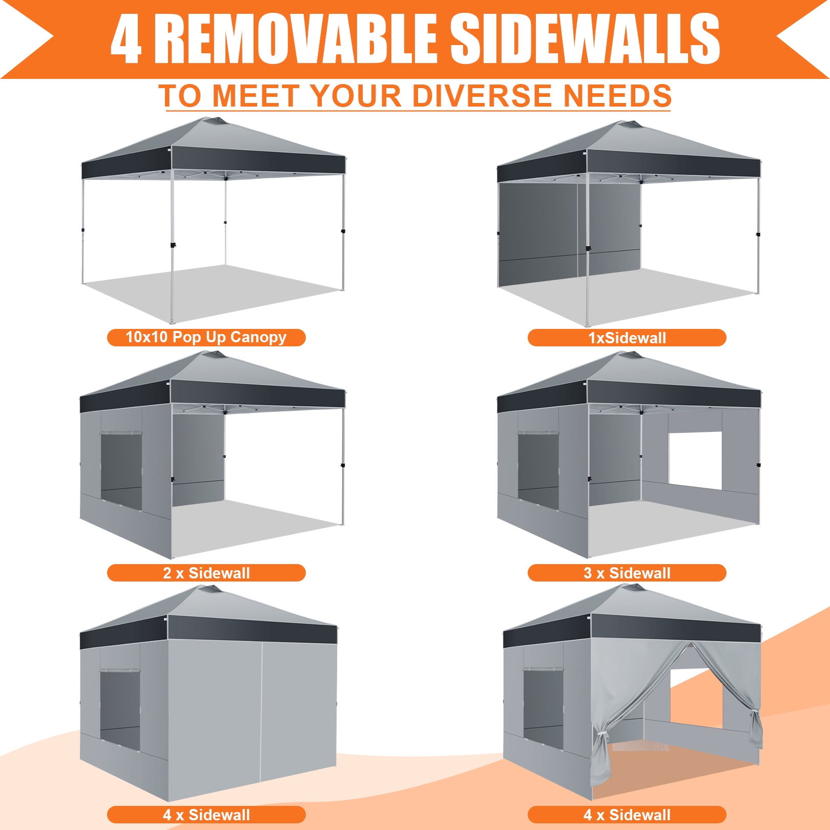 HOTEEL Canopy 10x10 Pop up Canopy Tent with 4 Sidewalls, Outdoor Pop up Gazebo for Parties Sun Shade Party Commercial Canopy with Air Vent & One Push Central Button, Dark Gray