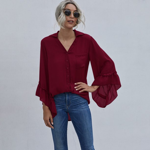 Blusa de mujer, cuello en V con botones en la parte delantera, casual, suelta, t煤nica, tops Eccomum borgoña/Grande