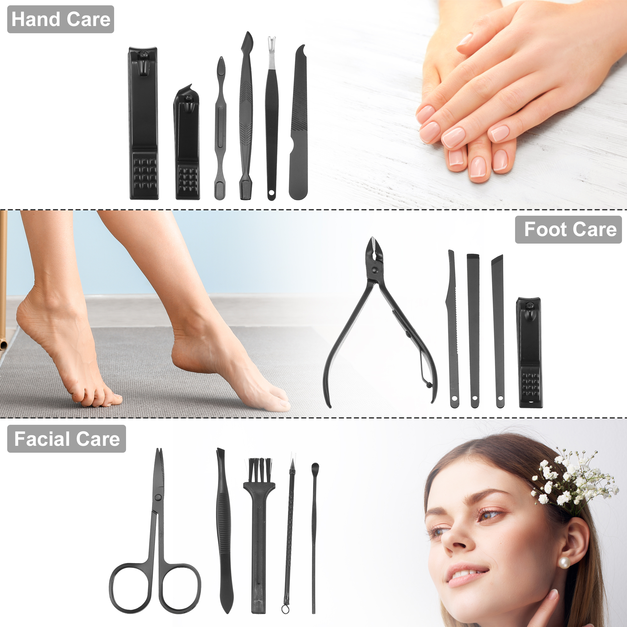 Unique Bargains 16 pcs Manicure Set with Gray PU Case Personal Care Stainless Steel Black