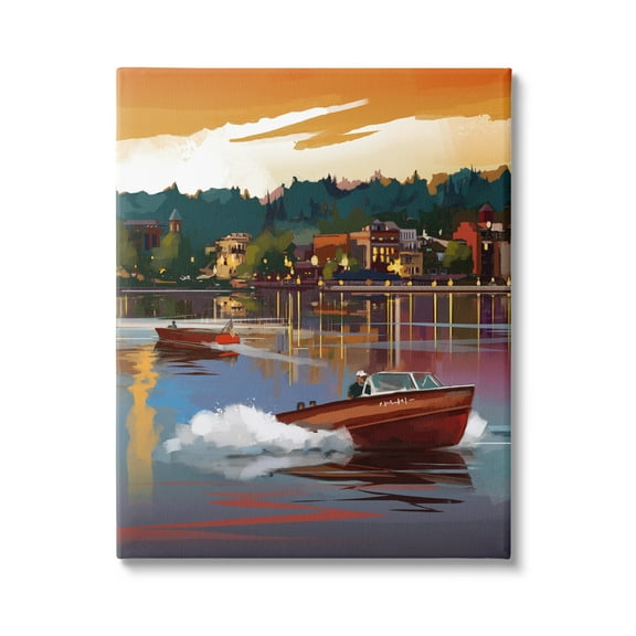 Stupell Industries Boats at Sunset Pier Transportation Painting Gallery Wrapped Canvas Art Print Wall Art, 16 x 20