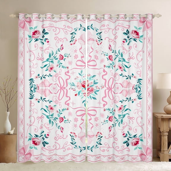 jejeloiu Cute Bowtie Ribbon Blackout Curtains Set of 2 (52x84 Each),Rustic Flowers Window Curtains,Retro Damask Floral Curtains and Drapes For Girls Kids,Microfiber Bedroom Decor