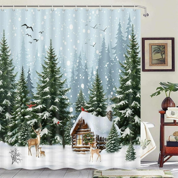 Winter Snowy Forest Shower Curtain 70X70 inch Pine Tree Cardinal Deer Snowflake Shower Curatin Xmas Snowy Scenery Christmas Holiday Bathroom Bath Rustic Farmhouse Decor Polyester Fabric with Hooks