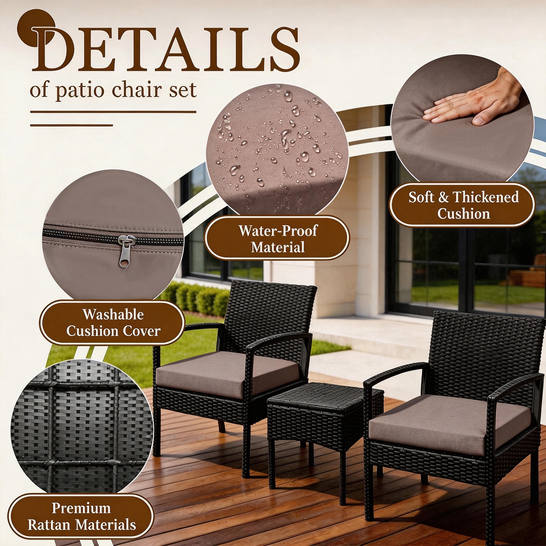 Tappio 3 Piece Outdoor Patio Furniture Set Outdoor Rattan Furniture, Patio Chairs Set of 3, Rattan Conversation Bistro Sets with Table and Cushions Brown