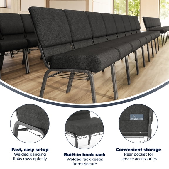 Emma Oliver 4 Pack 21"W Church Chair in Dark Gray Fabric with Book Rack - Silver Vein Frame