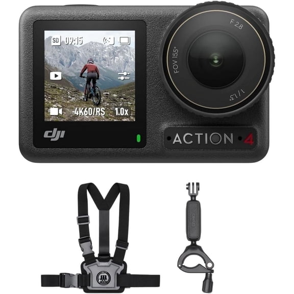 DJI Osmo Action 4K Camera with 155º FOV, 1/1.3" Sensor, Stabilization, Waterproof, Chest Strap & 2 Batteries