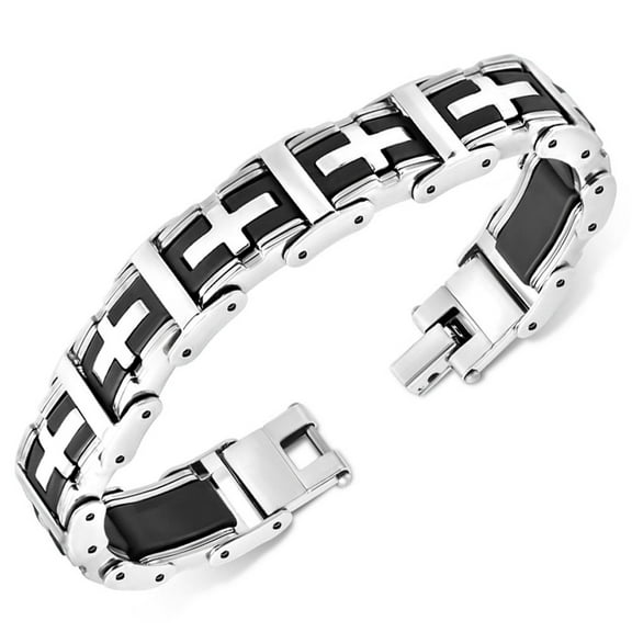My Daily Styles Stainless Steel Black Silver-Tone Religious Cross Mens Link Bracelet
