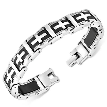 Turquoise Silver Mens Bracelets - Stainless Steel Black Silver-Tone Religious Cross Mens Link Bracelet, 7.5