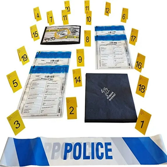 Kobe1 Crime Scene Kit - Photo Evidence Markers Cardstock (1-10), Police Tape (20 Feet), Evidence Collection Bags(x2), and Body Outline Napkins(x12)