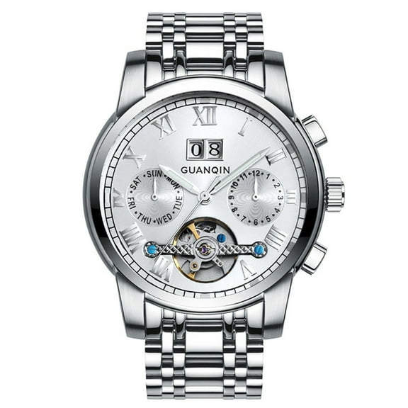 GUANQIN Men Analog Sport Popular Brand Skeleton Automatic Self-Winding Mechanical Stainless Steel Leather Business Wrist Watch Date Week Luminous Waterproof Sapphire Mirror