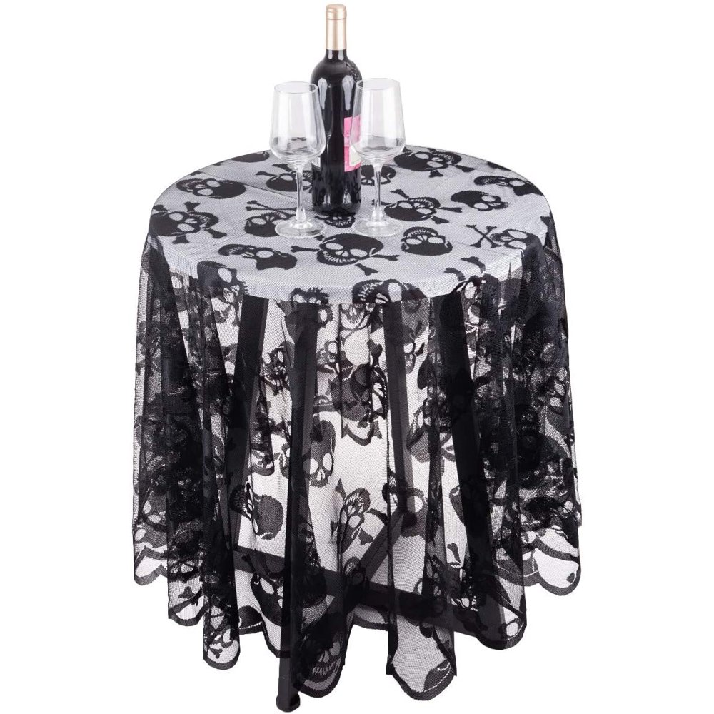 rockcloud Round Polyester Lace Tablecloth Black Skull Head Table Topper for Halloween Decoration