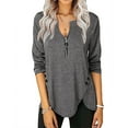 thumbnail image 2 of IROINNID Womens Long Sleeve V-Neck Shirts Solid Color Buttons Zipper Loose Shirt Blouse Top,Gray, 2 of 6