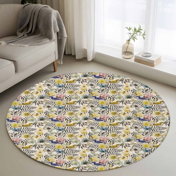 Round Rug 3.3Ft Washable Non-Slip, Vintage Flowers Circle Area Rugs for Living Room Bedroom, Spring Yellow Floral Country Leaves Blue Birds Indoor Floor Mats Carpet Runner for Home Decor Aesthetic