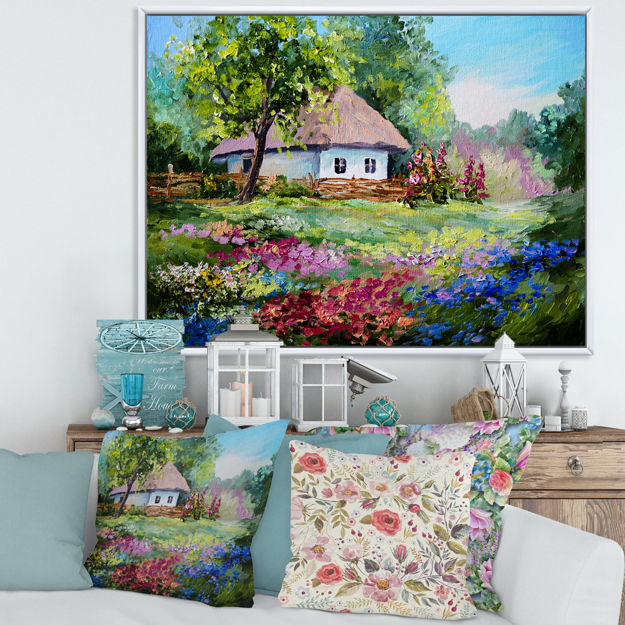 House With Blossoming Flowers On The Mountain I 32 in x 24 in Framed Painting Canvas Art Print, by Designart
