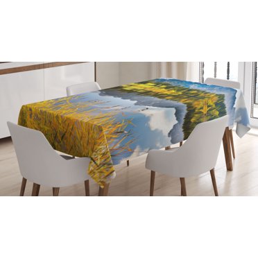 Ambesonne Nature Tablecloth Rectangular Table Cover, Country Scene and Lake, 60"x90", Multicolor