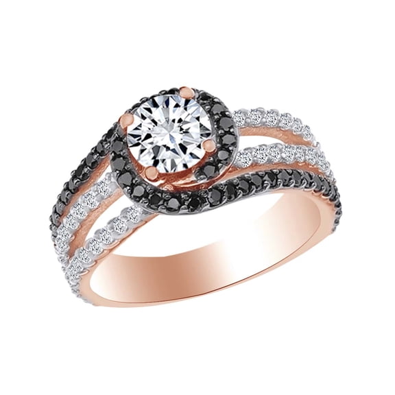 AFFY Round Shape Simulated Black & White CZ Halo Engagement Ring In 14k Rose Gold Over Sterling Silver Ring Size-4
