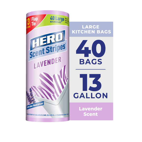 Hero Scent Stripes 13-Gallon, Lavender Scented, Flap Tie Kitchen Trash Bags, 40 Count