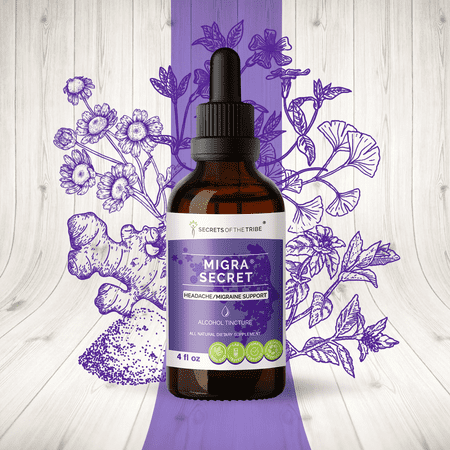 Migra Secret Alcohol Extract, Tincture, Feverfew, Ginger, White willow bark, Periwinkle, Ginkgo, Peppermint. Headache / Migraine Support 4 oz