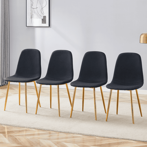 Luxury Black Dining Chairs Set of 4 - Linen-Cotton Seat with Gold Metal Legs, 17"x15.3", Modern Design, Perfect for Dining Room or Kitchen.