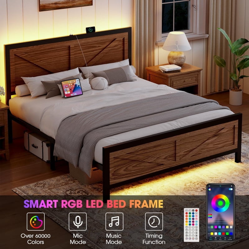 Rustic Bed Frame Full Size with Barn Door Headboard, LED Bed Frame with Charging Station, Industrial Platform Metal Bed Frames, No Box Spring Needed, Easy Assembly, Brown