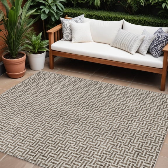 9' X 12' Brown And Beige Geometric Washable Indoor Outdoor Area Rug