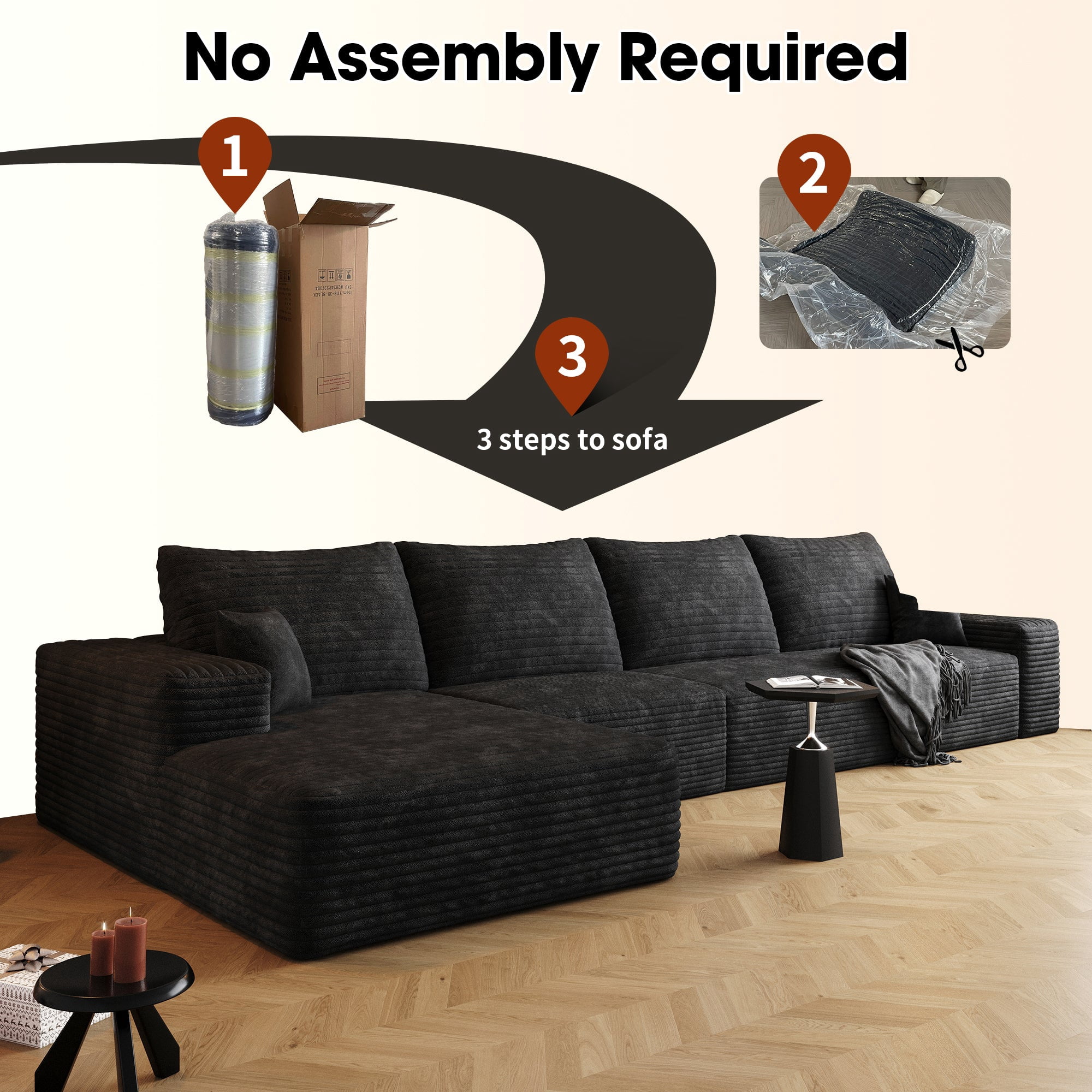Sailvan 135" Cloud Sectional Couch, Cloudy Sofa with L-Shape Chaise, Upholstered Couches for Living Room & Bedroom, No Assembly Required, Plush Corduroy Fabric, Black