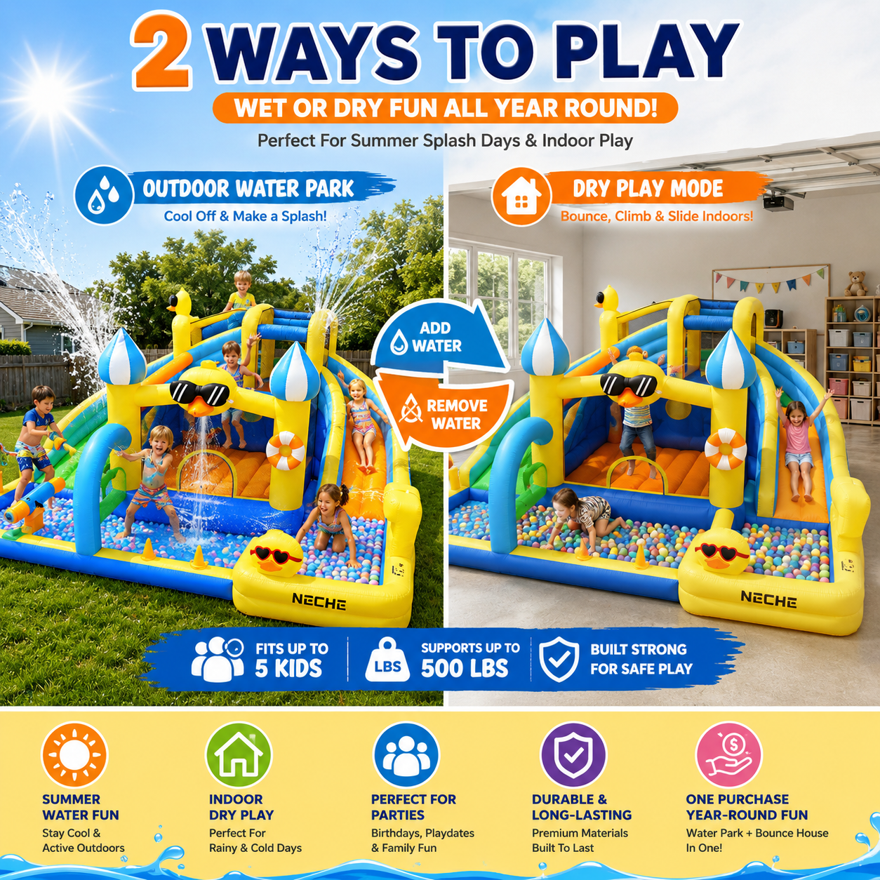 Neche 190" Large Inflatable Water Slide with Blower, Outdoor Backyard Water Park, Splash Pool, Indoor Bounce House for Kids Ages 3-8, 500lbs Weights