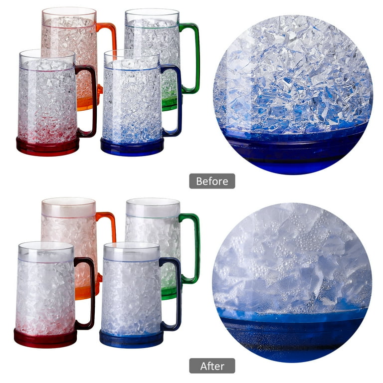Rezlli Double Wall Gel Frosty Freezer Cups Acrylic Ice Mugs Clear 16oz Set  of 4 (Blue, Red, Orange and Green)