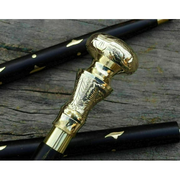Premium Walking Stick Beautiful Antique Plated Solid Brass Handle Walking Cane Black Inlayed Stick & Crutches Buffed Polished Cane for Men & Women