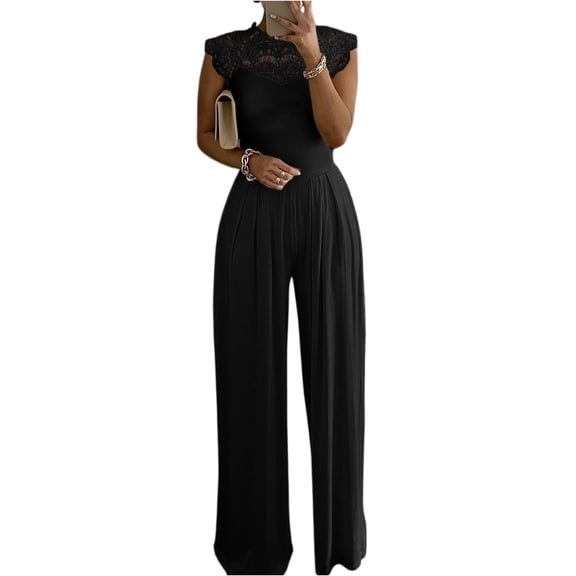 Women's Lace Cap Sleeve Wide Leg Jumpsuit Elegant High Neck Dressy Party Outfit