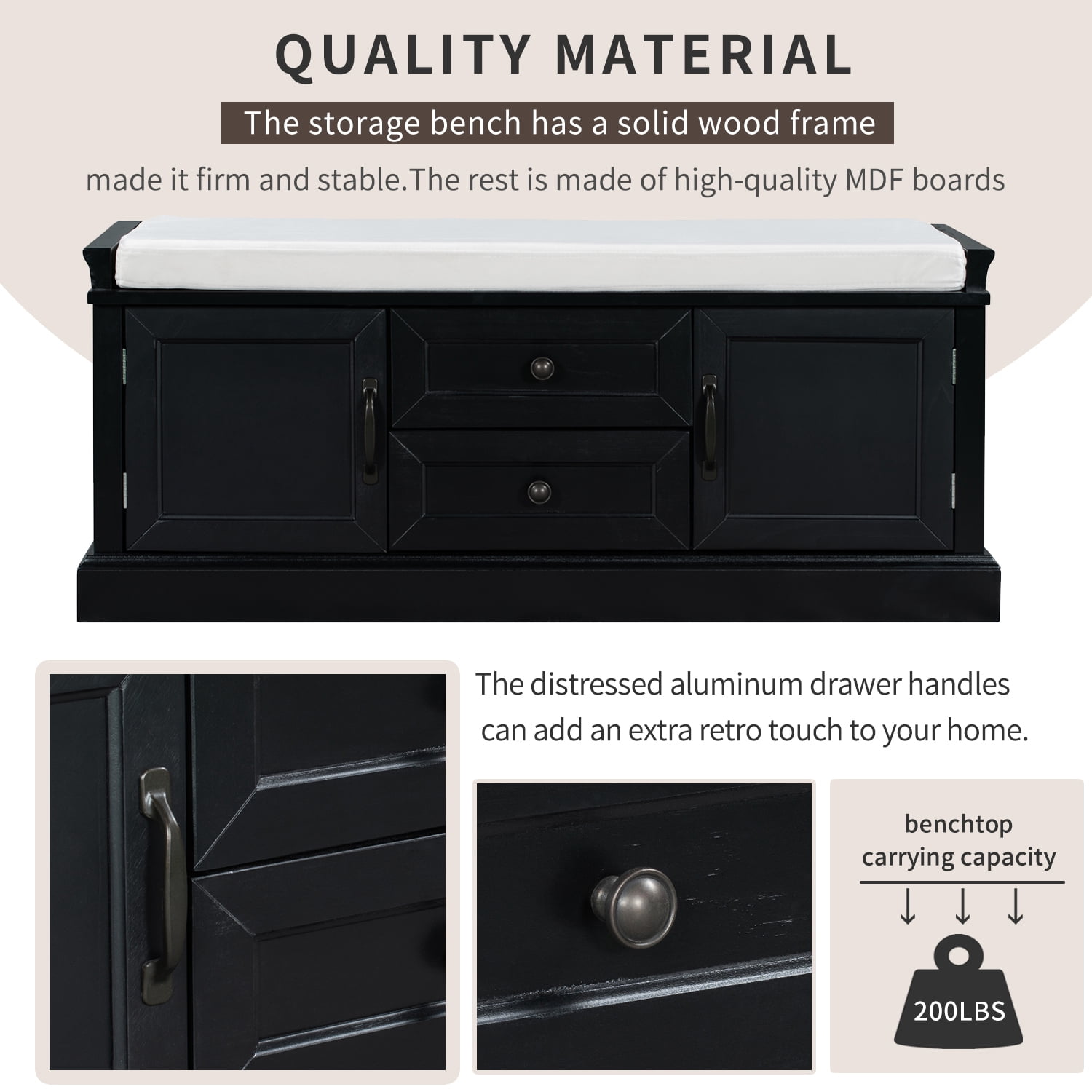EUROCO 42.5" Storage Bench, Solid Wood Shoe Bench with 2 Drawers and 2 Cabinets and Removable Cushion for Living Room, Entryway, Black