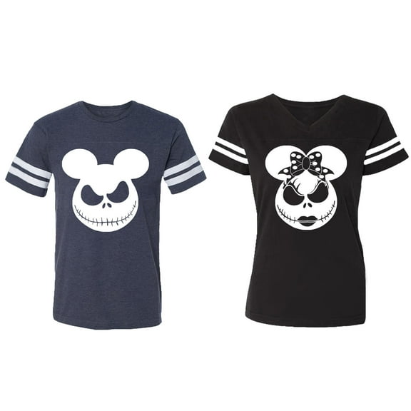 Halloween Jack Mouse Ears Matching Couple Cotton Jerseys (Men Navy / Women Black) (Men S / Women S)