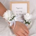 thumbnail image 5 of 2 Pieces Rose Wrist Corsage Boutonniere Set, Artificial Bride Hand Flowers, Groom Boutonniere for Wedding Prom Party Hand Flower Decoration, Anniversary Ceremony (White), 5 of 14