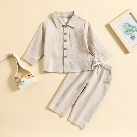 OOOUM boys 2 Piece Linen Clothing Set Long Sleeve button down shirt With Pants comfortable casual outfits sets White 18-24 Months