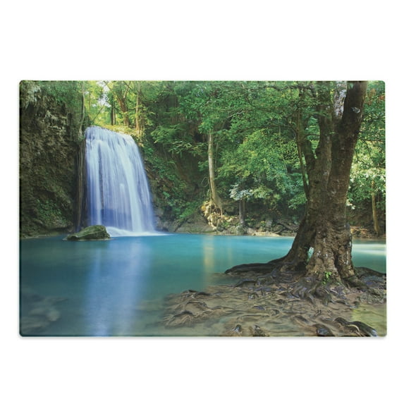 Woodland Cutting Board, Waterfall Asia Thailand Jungle Tropic Plants Trees Tourist Attraction, Decorative Tempered Glass Cutting and Serving Board, Large Size, Turquoise Green Brown, by Ambesonne