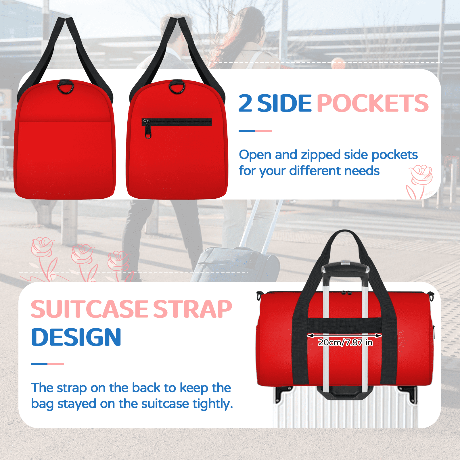 Herdesigns Red Travel Duffle Bag Sports Yoga Weekender Overnight Carry on Workout Bags Lightweight Waterproof Gym Tote Bag for Women