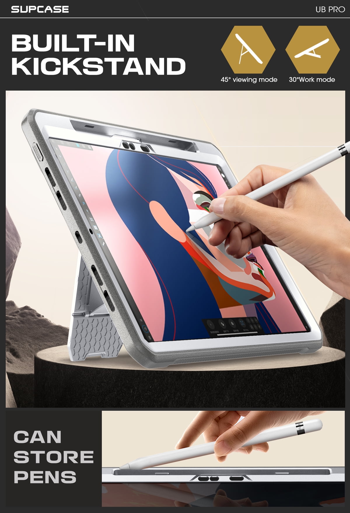 SUPCASE for iPad Pro 11 Inch Case M4 2024 5th Generation with Pencil Holder (Unicorn Beetle Pro), [Built-in Screen Protector & Stand] Full-Body Rugged Cover, White