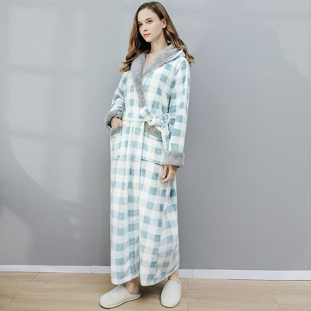 VOIANLIMO Women's Plus Nightgown Plaid Super Long Thick Flannel Bathrobe  for Couples Sleepwear Homewear Winter Rebe M L XL 
