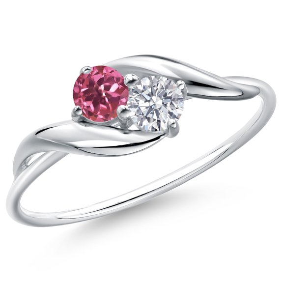 Gem Stone King 10K White Gold Round Pink Tourmaline and White Lab Grown Diamond Ring for Women (0.32 Cttw, Round 3.5MM, Gemstone October Birthstone, Size 7)