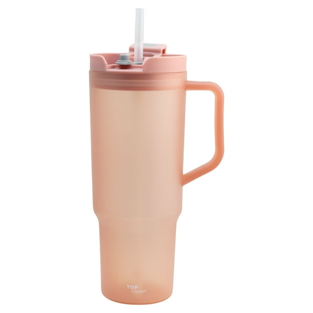 Termo de Plástico con Tapa Doble y Popote, Vaso Alto Reutilizable con Asa Ergonómica, Capacidad 1.2 Litros, Color Rosa