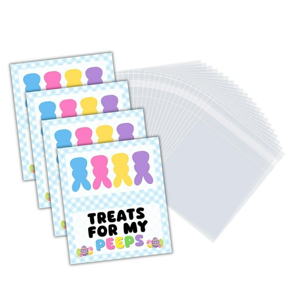 Treats for My Peeple Marshmallow Bunny Labels for Easter Bunny Bait  50 Tags & 50 Bags  100 pieces Tags 4x3.5 for Candy Baskets Folded Cards to Staple Blue Gingham Background