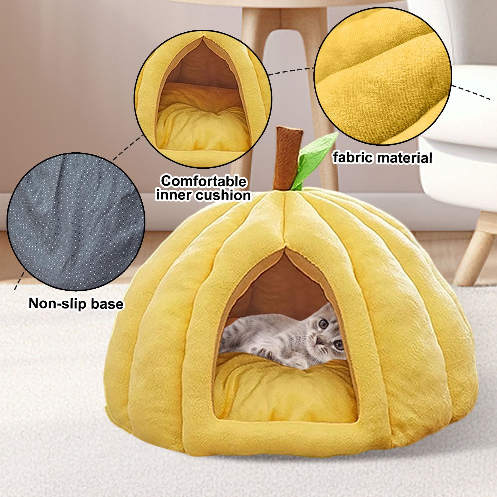 Cozy Pumpkin Cat Cave Bed with Removable Cushion - Warm Enclosed Indoor Cat House for Kittens and Small Dogs, Cute Seasonal Hideaway Sleep Tent Pet Bed
